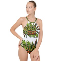 Cannabis Hemp Hashish Illegal Drug Trade Rasta High Neck One Piece Swimsuit by Vaneshart