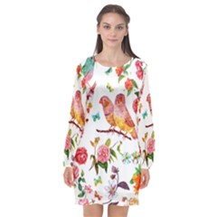 Watercolour Flowers Watercolor Painting Drawing Long Sleeve Chiffon Shift Dress  by Vaneshart