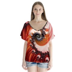 Abstract Fractal Patterns Red V-neck Flutter Sleeve Top by Vaneshart