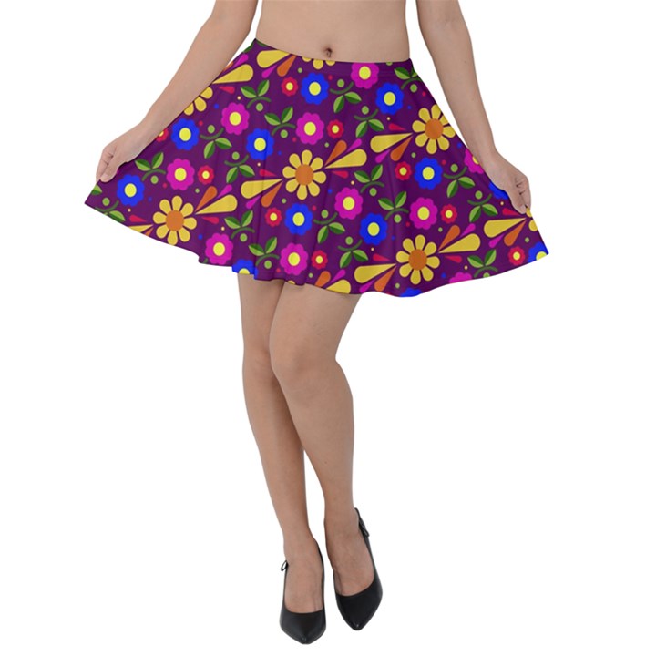 Flowers Patterns Multicolored Vector Velvet Skater Skirt