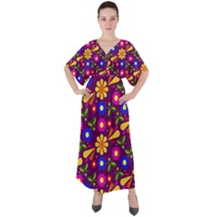 Flowers Patterns Multicolored Vector V-neck Boho Style Maxi Dress