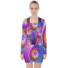 3d Abstract Fractal Bright V-neck Bodycon Long Sleeve Dress by Vaneshart