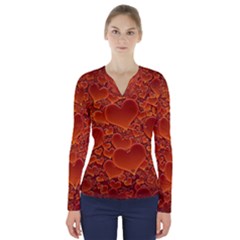 Heart Orange Texture Many V-neck Long Sleeve Top by Vaneshart