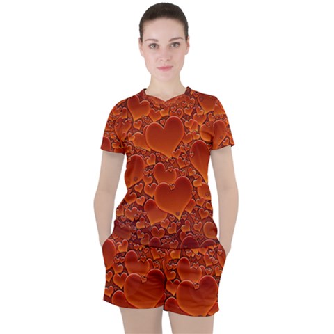 Heart Orange Texture Many Women s Tee And Shorts Set by Vaneshart