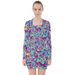 Ripple Motley Colorful Spots Abstract V-neck Bodycon Long Sleeve Dress by Vaneshart