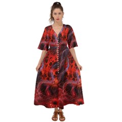 Art Space Abstract Red Line Kimono Sleeve Boho Dress