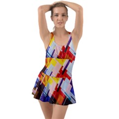 Abstract Lines Shapes Colorful Ruffle Top Dress Swimsuit by Vaneshart