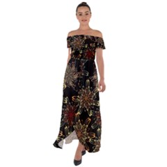 Patterns Abstract Flowers Off Shoulder Open Front Chiffon Dress