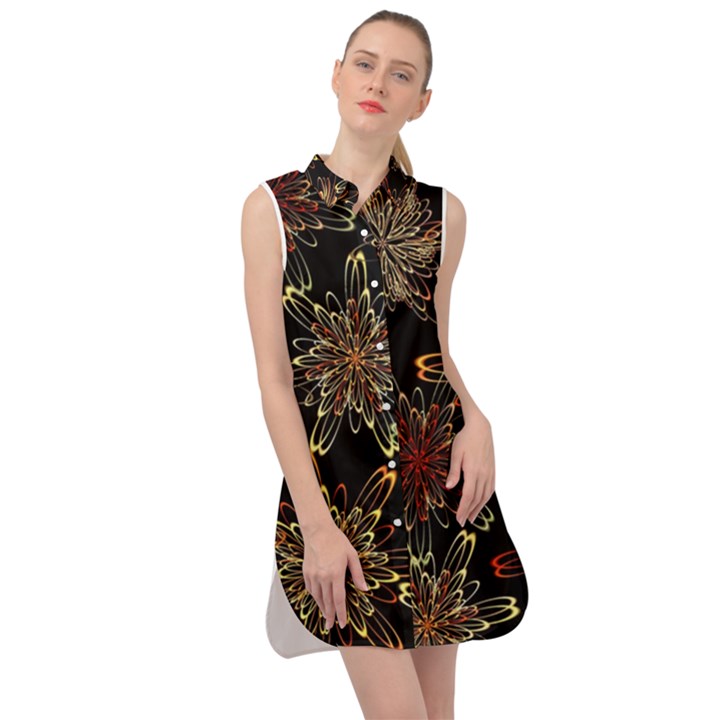 Patterns Abstract Flowers Sleeveless Shirt Dress