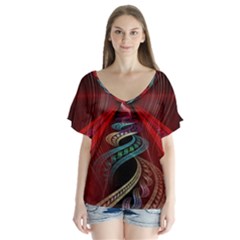 Patterns Red Abstract V-neck Flutter Sleeve Top by Vaneshart