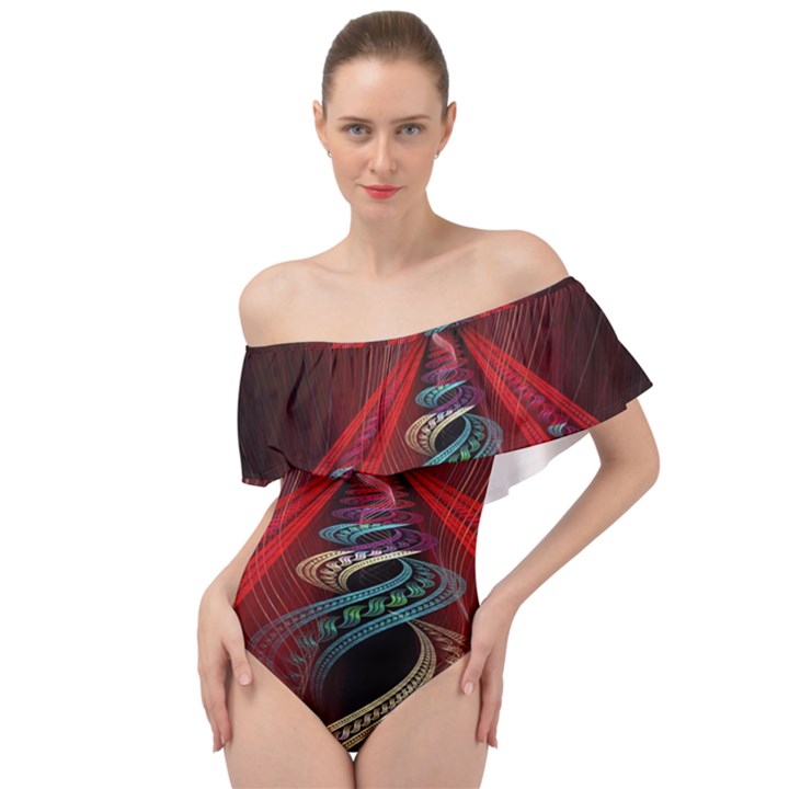 Patterns Red Abstract Off Shoulder Velour Bodysuit 