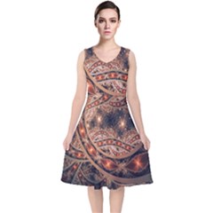 Fractal Patterns Abstract Dark V-neck Midi Sleeveless Dress  by Vaneshart