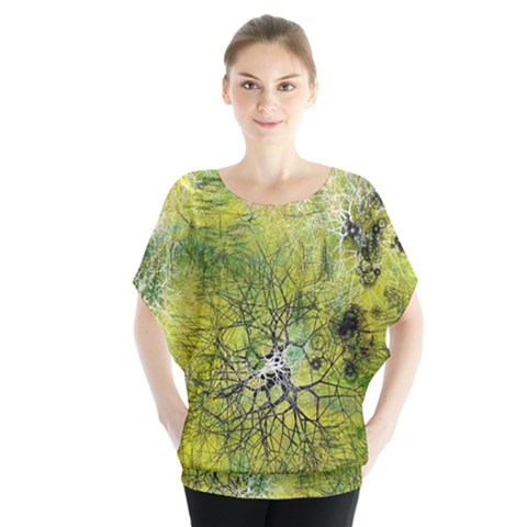 Abstract Spots Lines Green Batwing Chiffon Blouse by Vaneshart