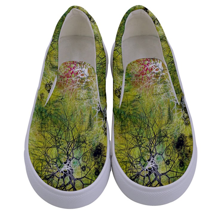 Abstract Spots Lines Green Kids  Canvas Slip Ons