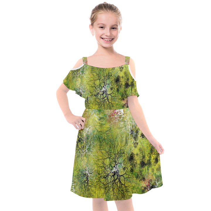 Abstract Spots Lines Green Kids  Cut Out Shoulders Chiffon Dress