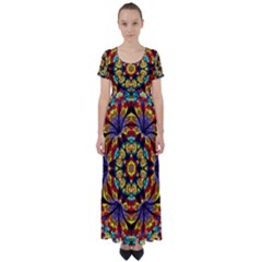 Geometric Pattern Kaleidoscope Art Mirror Image Mosaic High Waist Short Sleeve Maxi Dress