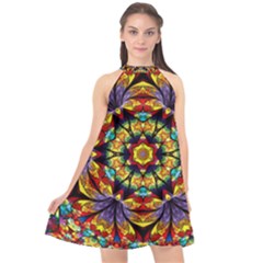 Geometric Pattern Kaleidoscope Art Mirror Image Mosaic Halter Neckline Chiffon Dress  by Vaneshart