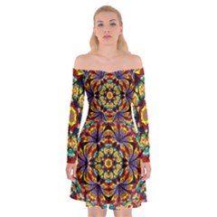 Geometric Pattern Kaleidoscope Art Mirror Image Mosaic Off Shoulder Skater Dress by Vaneshart