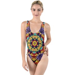 Geometric Pattern Kaleidoscope Art Mirror Image Mosaic High Leg Strappy Swimsuit by Vaneshart