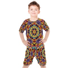 Geometric Pattern Kaleidoscope Art Mirror Image Mosaic Kids  Tee And Shorts Set by Vaneshart