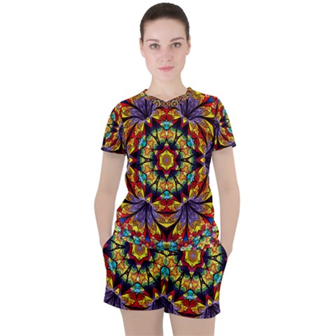 Geometric Pattern Kaleidoscope Art Mirror Image Mosaic Women s Tee And Shorts Set by Vaneshart