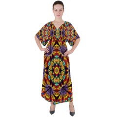 Geometric Pattern Kaleidoscope Art Mirror Image Mosaic V-neck Boho Style Maxi Dress