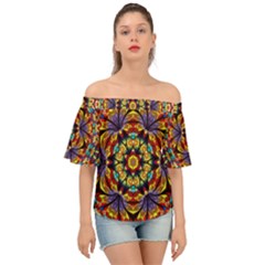 Geometric Pattern Kaleidoscope Art Mirror Image Mosaic Off Shoulder Short Sleeve Top by Vaneshart