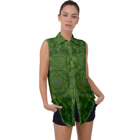 Fauna Nature Ornate Leaf Sleeveless Chiffon Button Shirt by pepitasart