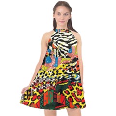 Ethnic Patchwork Halter Neckline Chiffon Dress  by AyokaDesigns