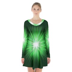 Green Blast Background Long Sleeve Velvet V-neck Dress