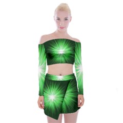 Green Blast Background Off Shoulder Top With Mini Skirt Set by Mariart