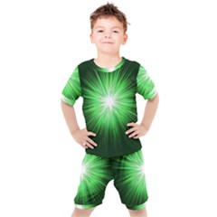 Green Blast Background Kids  Tee And Shorts Set by Mariart