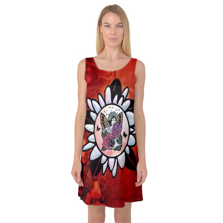 Wonderful Fairy With Butterflies And Roses Sleeveless Satin Nightdress