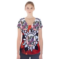 Wonderful Fairy With Butterflies And Roses Short Sleeve Front Detail Top