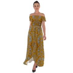 A Star In Golden Juwels Off Shoulder Open Front Chiffon Dress by pepitasart