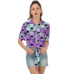 Forest Girl Bight Baby Blue Patttern Ombre Tie Front Shirt 