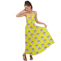 English Breakfast Yellow Pattern Backless Maxi Beach Dress