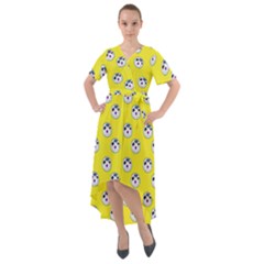 English Breakfast Yellow Pattern Front Wrap High Low Dress