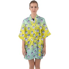 English Breakfast Yellow Pattern Mint Ombre Half Sleeve Satin Kimono  by snowwhitegirl