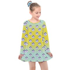 English Breakfast Yellow Pattern Mint Ombre Kids  Long Sleeve Dress by snowwhitegirl