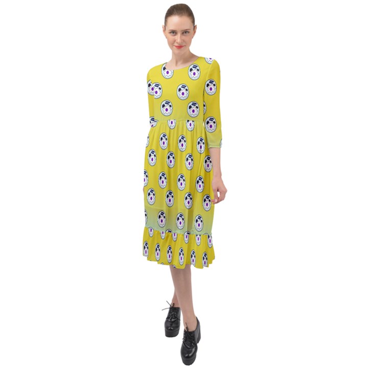 English Breakfast Yellow Pattern Mint Ombre Ruffle End Midi Chiffon Dress