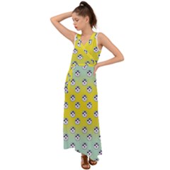 English Breakfast Yellow Pattern Mint Ombre V-neck Chiffon Maxi Dress