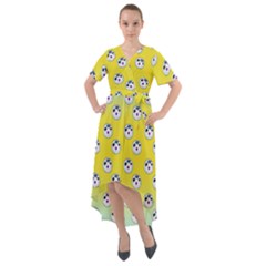 English Breakfast Yellow Pattern Mint Ombre Front Wrap High Low Dress