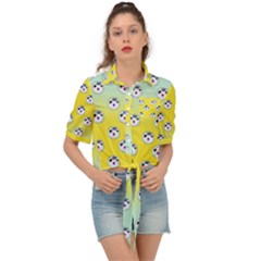 English Breakfast Yellow Pattern Mint Ombre Tie Front Shirt 