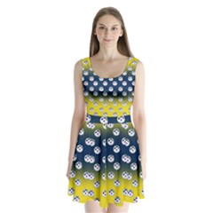 English Breakfast Yellow Pattern Blue Ombre Split Back Mini Dress 