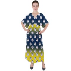 English Breakfast Yellow Pattern Blue Ombre V-neck Boho Style Maxi Dress