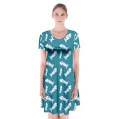 Fish Teal Blue Pattern Short Sleeve V-neck Flare Dress by snowwhitegirl