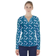 Fish Teal Blue Pattern V-neck Long Sleeve Top by snowwhitegirl