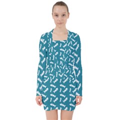 Fish Teal Blue Pattern V-neck Bodycon Long Sleeve Dress by snowwhitegirl