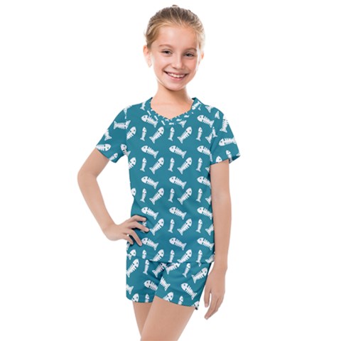 Fish Teal Blue Pattern Kids  Mesh Tee And Shorts Set by snowwhitegirl